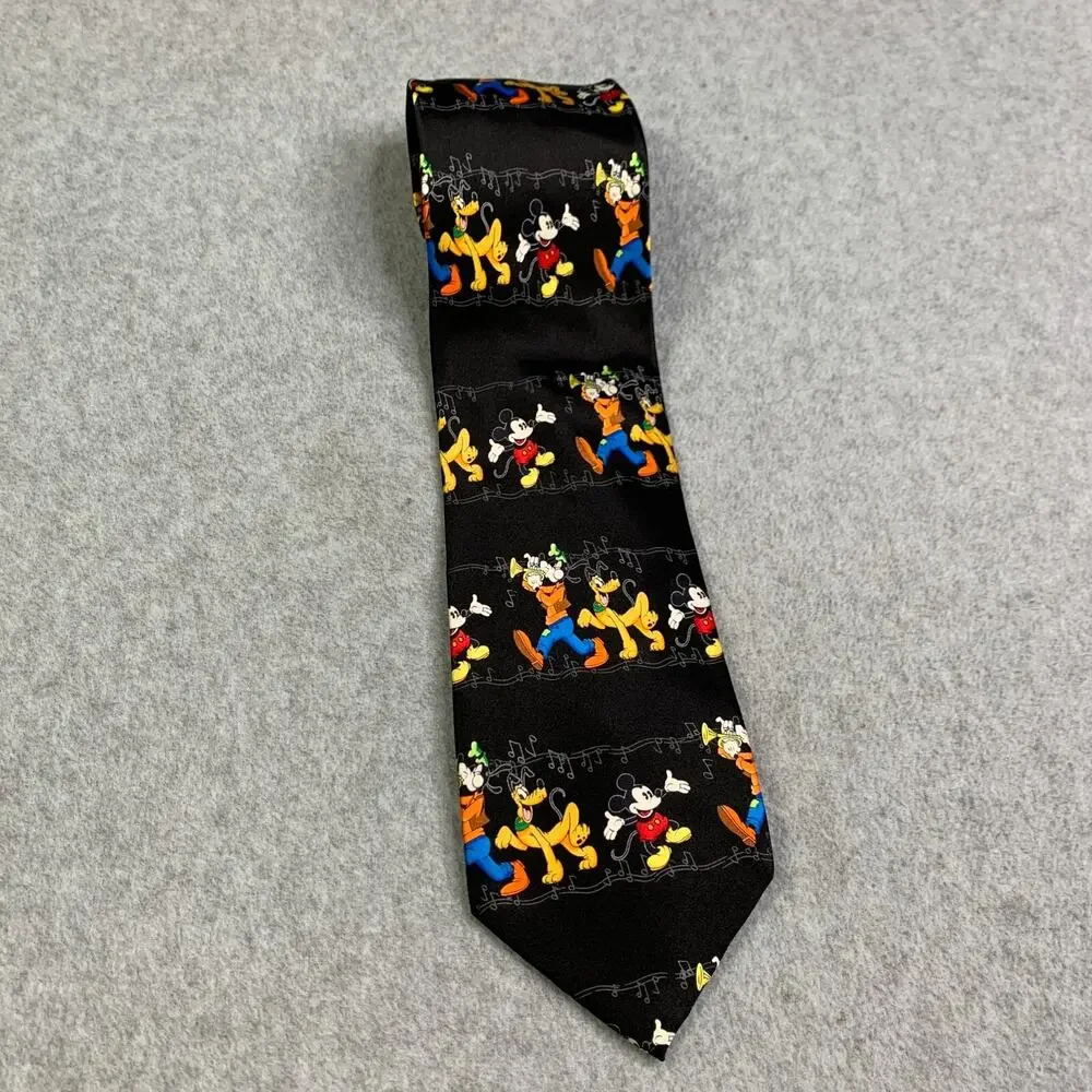 Mickey Mouse Silk Tie Goofy Pluto Black Music Notes Mens